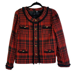 NEW‎ DIRECTIONS Red & Black Plaid Fringe Blazer Jacket